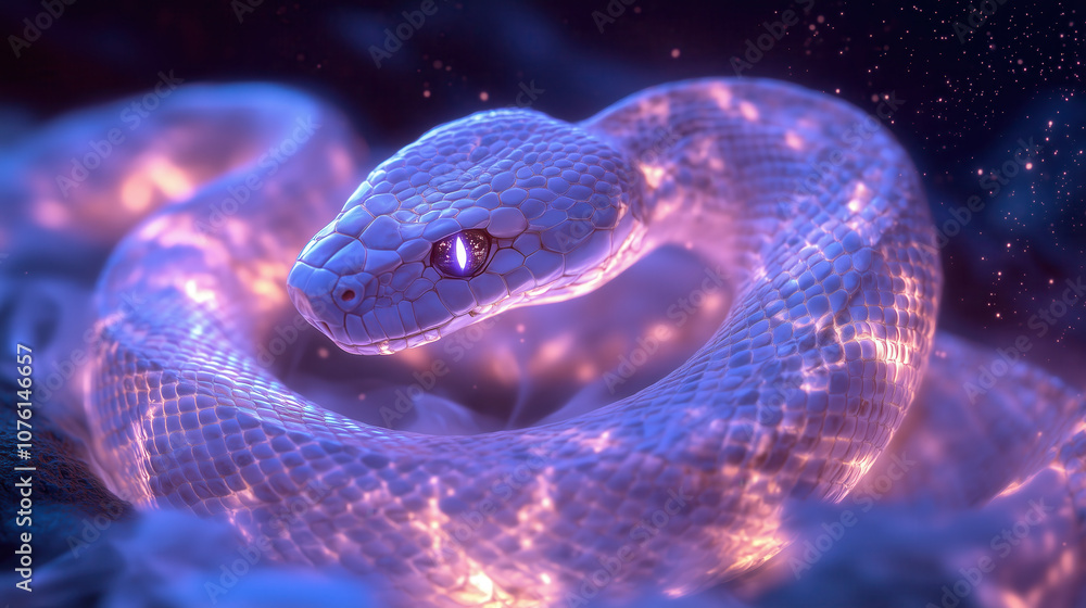 Fototapeta premium stunningly detailed illustration of glowing snake with iridescent scales, set against mystical background. snake luminescent body creates ethereal and captivating atmosphere