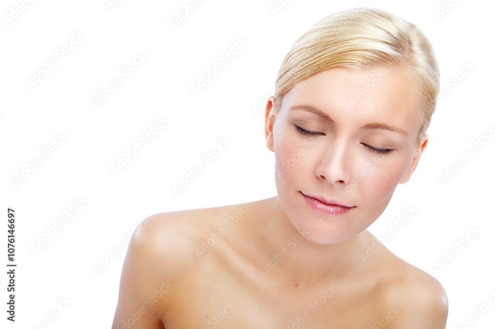 Eyes closed, skincare and glow with face of woman in studio for natural makeup, shine and self care. Cosmetics, dermatology and spa treatment with model on white background for salon and collagen Eyes closed, skincare and glow with face of woman in studio for natural makeup, shine and self care. Cosmetics, dermatology and spa treatment with model on white background for salon and collagen