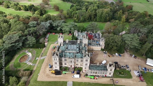 Above View Of English Country Manor Of Mentmore Towers In Buckinghamshire, England, UK. Aerial Drone Shot photo