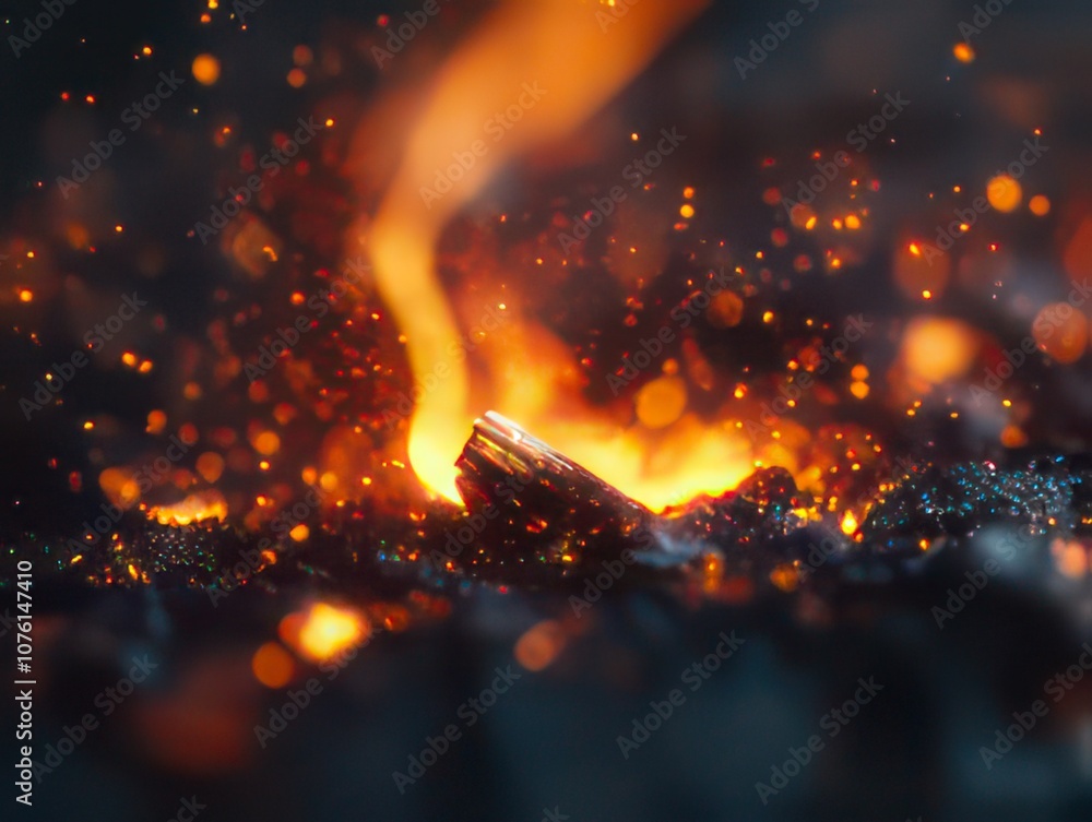 Closeup of a burning piece of wood with embers and sparks flying. Closeup of a burning piece of wood with embers and sparks flying.