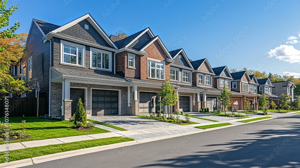 Row of Modern Townhouses with Garages and Landscaping Row of Modern Townhouses with Garages and Landscaping