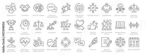 Soft Skills, Development line icon set. Vector pictograms of adaptability, teamwork, leadership, effective communication, personal growth, leadership, mentorship, decision-making linear illustration.