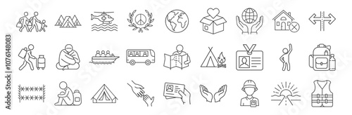 Refugee Crisis, Humanitarian Aid line icon set. Vector pictograms of migration, relief efforts, global support, displaced person ID card, tent shelter, family immigration thin linear illustration.