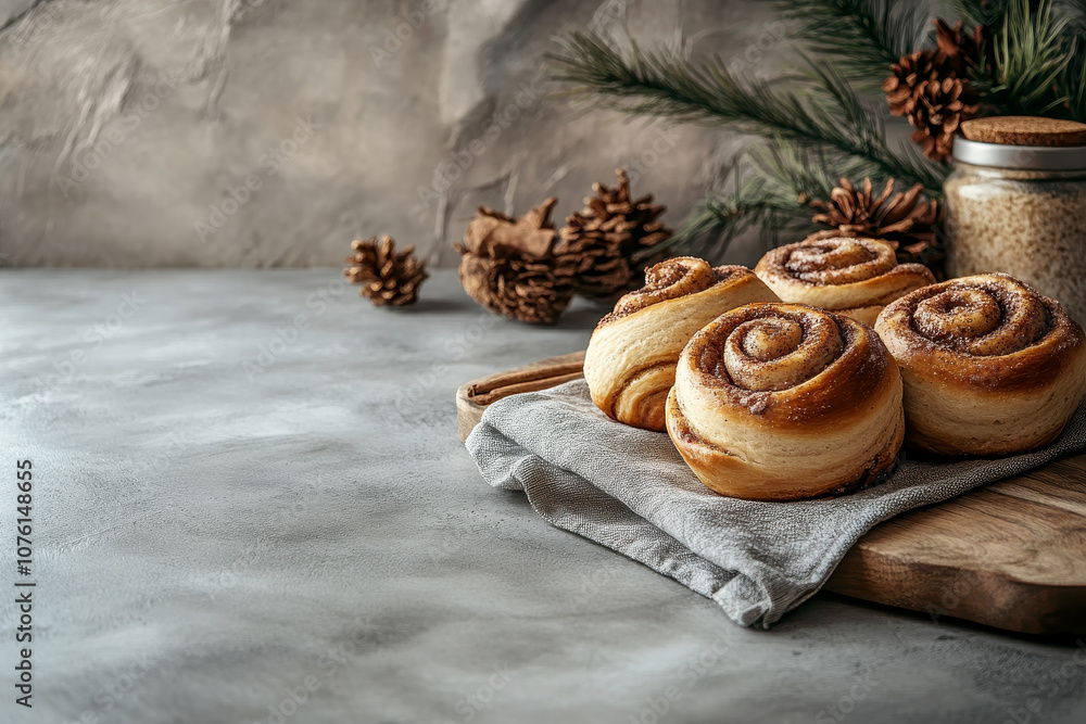 Freshly baked cinnamon buns on linen napkin with cozy background, traditional swedish sweet pastry kanelbulle. Freshly baked cinnamon buns on linen napkin with cozy background, traditional swedish sweet pastry kanelbulle.