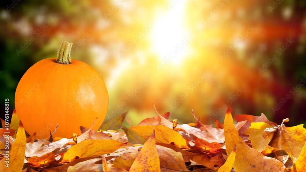 Pumpkins on golden leaves in autumn forest Pumpkins on golden leaves in autumn forest