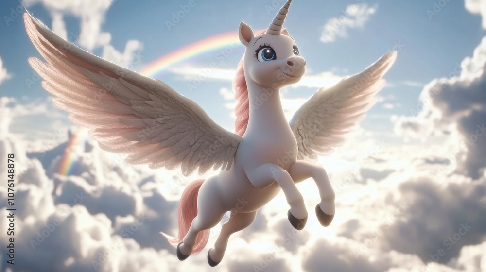 Majestic unicorn with wings soars through a cloudy sky, a rainbow in the background, AI Majestic unicorn with wings soars through a cloudy sky, a rainbow in the background, AI