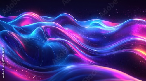 Abstract background with flowing, glowing, neon, colorful, wavy, lines on a dark background.