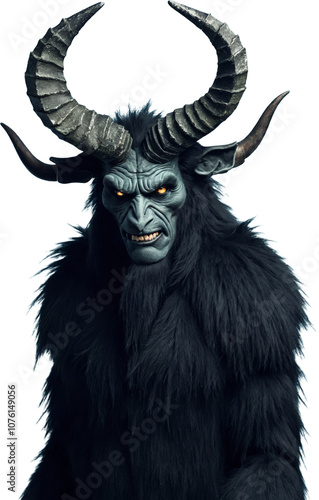 A dark and menacing portrayal of Krampus, depicted as a demonic figure with twisted horns, glowing red eyes, and shaggy black fur. This devilish creature exudes a sinister presence on a transparent.
