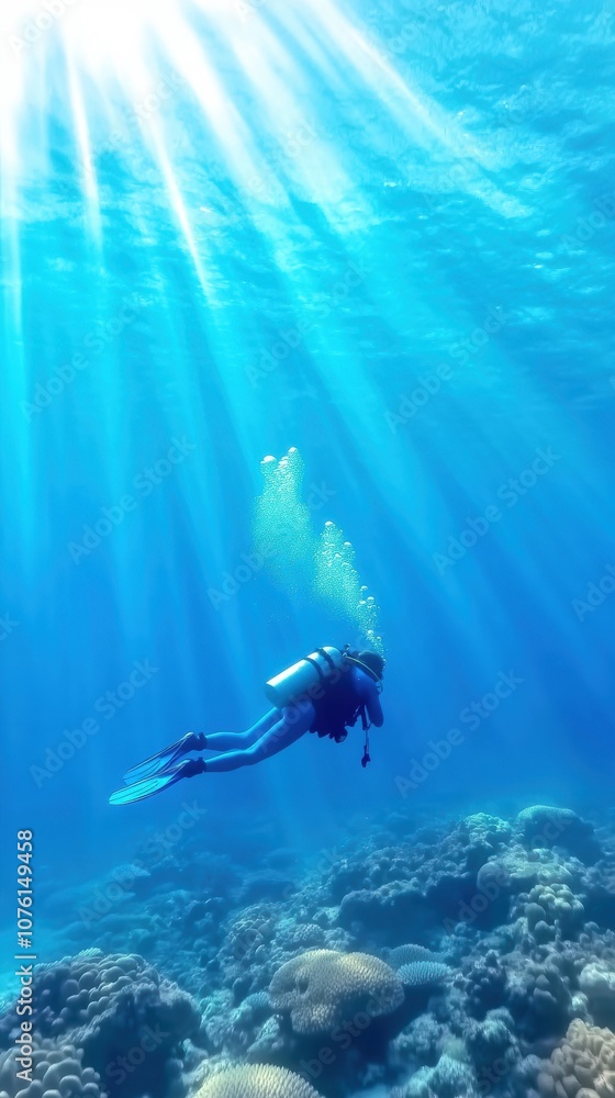 Scuba diver exploring vibrant coral reef under sunlit ocean waters, AI Scuba diver exploring vibrant coral reef under sunlit ocean waters, AI