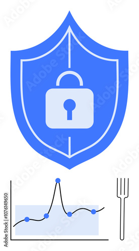 Shield with lock symbolizes security graph indicates data analysis. Ideal for security, data protection, technology, analytics, privacy, digital safety, cyber defense. Line metaphor