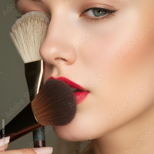 Side view of girl doing makeup by brush isolated on beige background