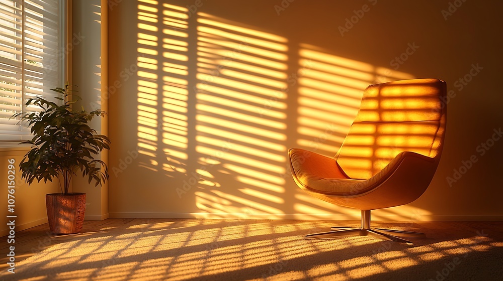 A quiet room bathed in golden light casting striped shadows from blinds onto a nearby wall and chair, warm glow creating a peaceful atmosphere, hd quality, photorealistic, subtle texture detail. A quiet room bathed in golden light casting striped shadows from blinds onto a nearby wall and chair, warm glow creating a peaceful atmosphere, hd quality, photorealistic, subtle texture detail.