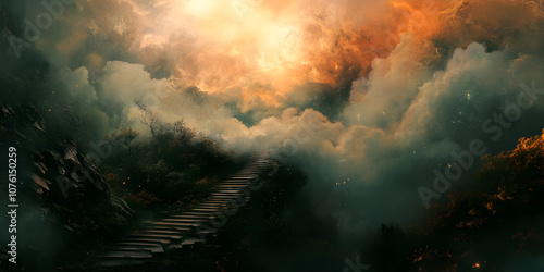 Mystical Stairway to Heaven: A digital painting of a mysterious path ascending through ethereal clouds and a vibrant, celestial sky. The artwork evokes a sense of wonder, spirituality.