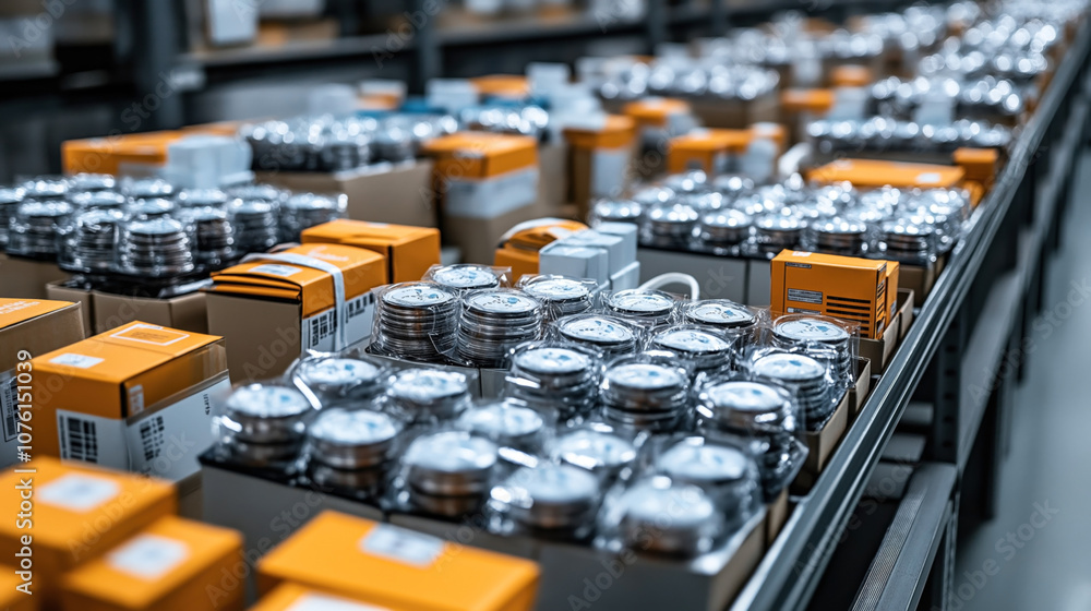 Storage racks filled with neatly organized stacks of round metal containers and orange cardboard boxes in a warehouse environment. Storage racks filled with neatly organized stacks of round metal containers and orange cardboard boxes in a warehouse environment.