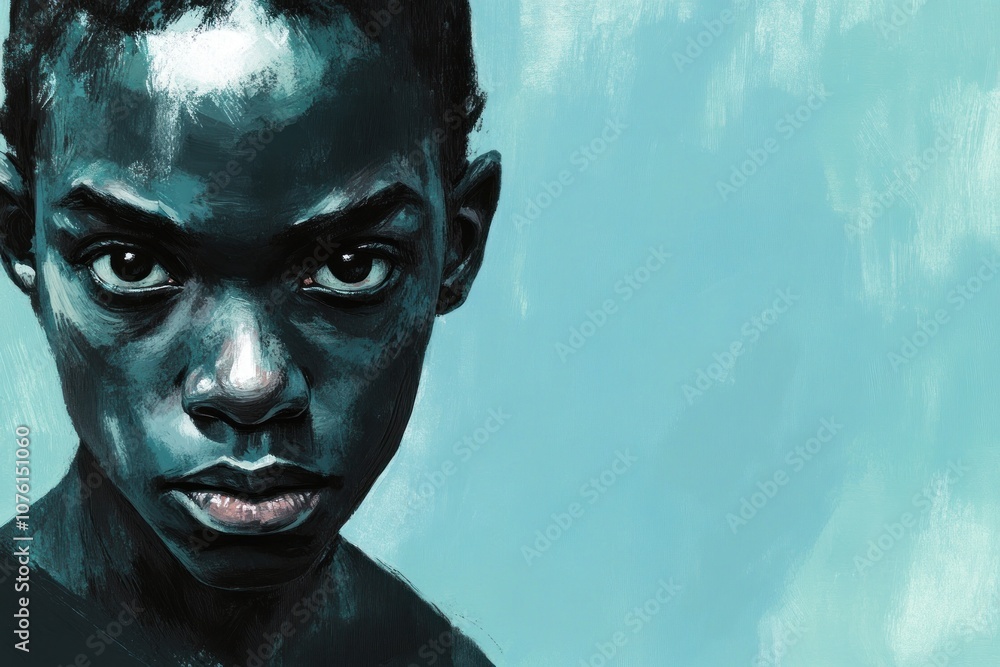 A close-up portrait of a young person with intense expression against a soft blue background. A close-up portrait of a young person with intense expression against a soft blue background.