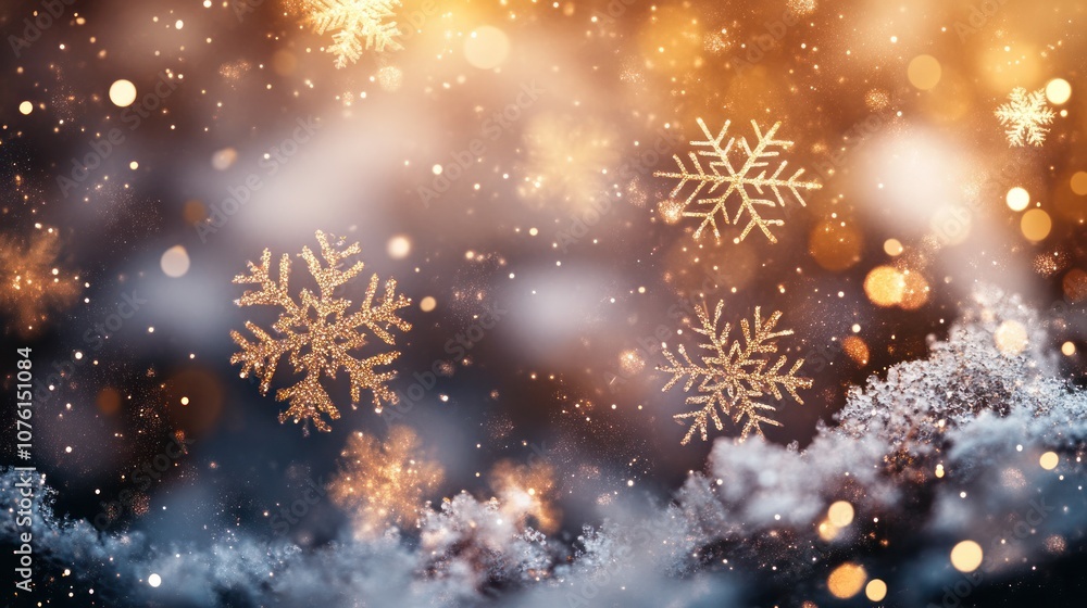 Fototapeta premium An enchanting bokeh background with golden and silver lights, reminiscent of falling snowflakes