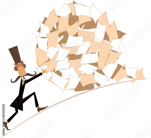 Hard working man in the top hat concept. 
Pile, ball of papers. Businessman pulling a big ball of papers. Isolated on white background
