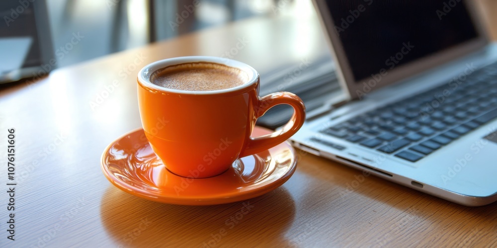 Orange Cup of Coffee on Wooden Table with Laptop. Orange Cup of Coffee on Wooden Table with Laptop.