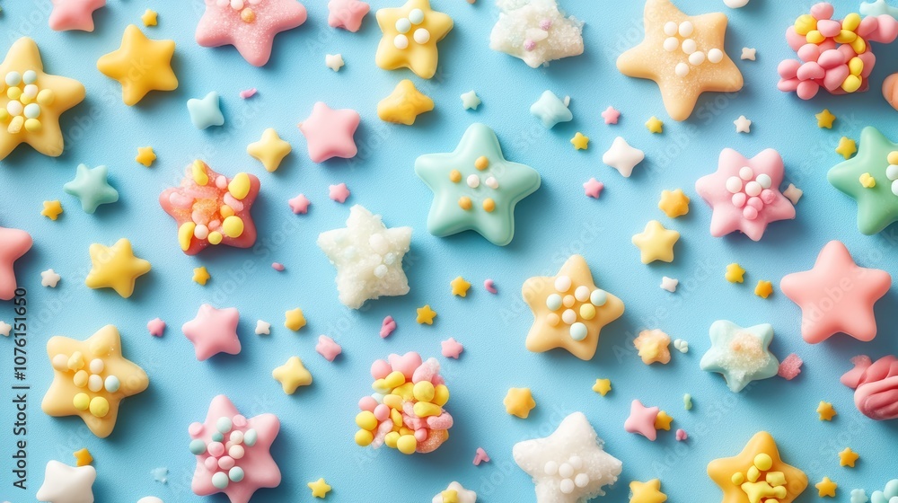 Colorful Star Shaped Candy on Blue Background Colorful Star Shaped Candy on Blue Background