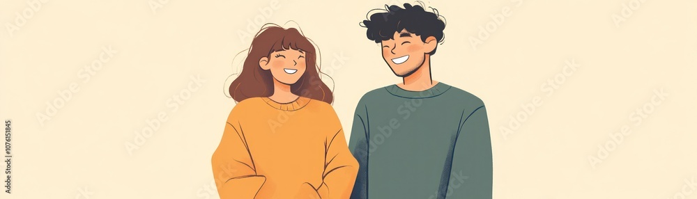 A cheerful illustration of a young couple smiling together, showcasing friendship and warmth. A cheerful illustration of a young couple smiling together, showcasing friendship and warmth.