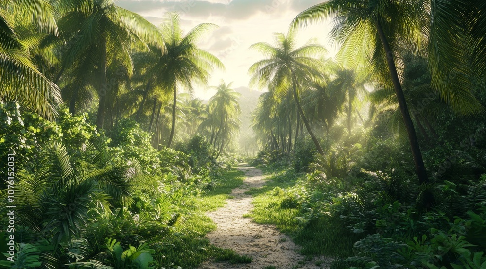 A sunlit path through a dense tropical jungle, with palm trees reaching high into the sky. A sunlit path through a dense tropical jungle, with palm trees reaching high into the sky.