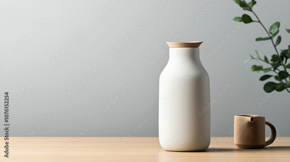 Minimalist ceramic bottle with wooden lid and cup on wooden table next to green plant in contemporary setting Minimalist ceramic bottle with wooden lid and cup on wooden table next to green plant in contemporary setting