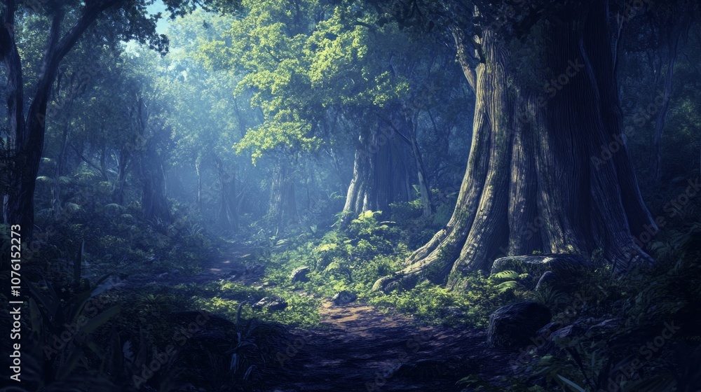 Obraz premium A forest with a large tree in the middle