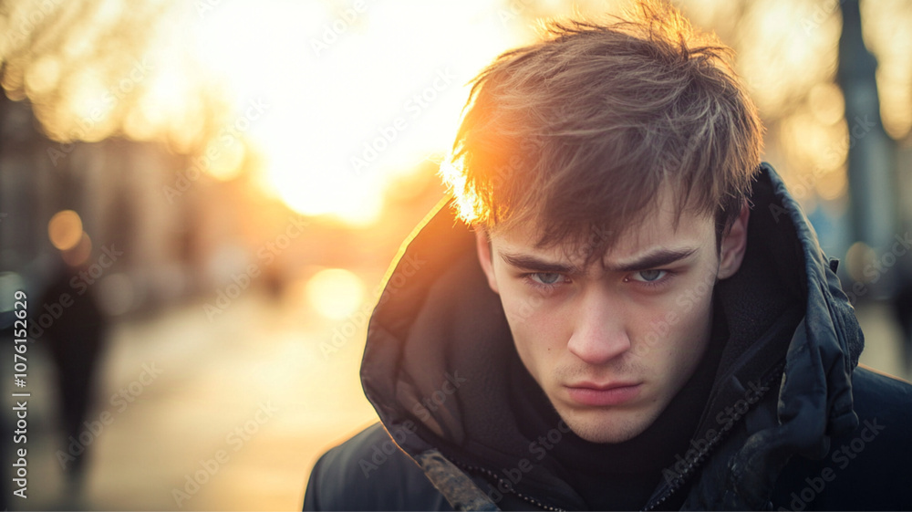 A young man with a troubled expression, Photography, Bright scenery, Urban A young man with a troubled expression, Photography, Bright scenery, Urban