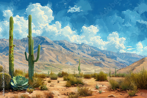 Vibrant Desert Landscape at Sunset with Cacti and Mountains

