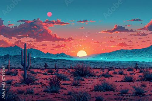 Vibrant Desert Landscape at Sunset with Cacti and Mountains

