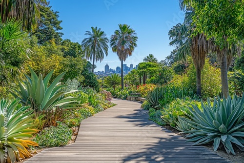 A wooden pathway winds through a lush, tropical garden, leading towards a cityscape skyline in the distance. The vibrant greenery and sunny day create a serene and inviting atmosphere.