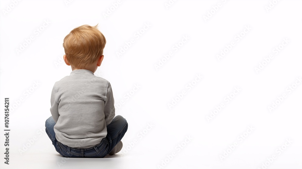 A Young Child Sitting on the Floor in an Isolated Space with a Minimalist Background, Capturing a Moment of Contemplation and Curiosity from Behind A Young Child Sitting on the Floor in an Isolated Space with a Minimalist Background, Capturing a Moment of Contemplation and Curiosity from Behind