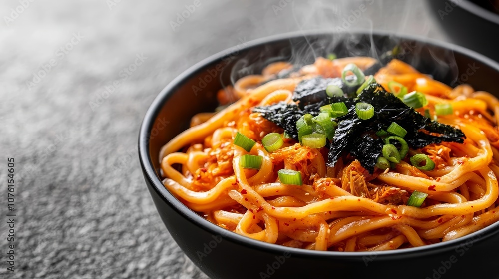 A steaming bowl of spicy kimchi udon, topped with fresh green onions and seaweed, set on a textured stone background A steaming bowl of spicy kimchi udon, topped with fresh green onions and seaweed, set on a textured stone background