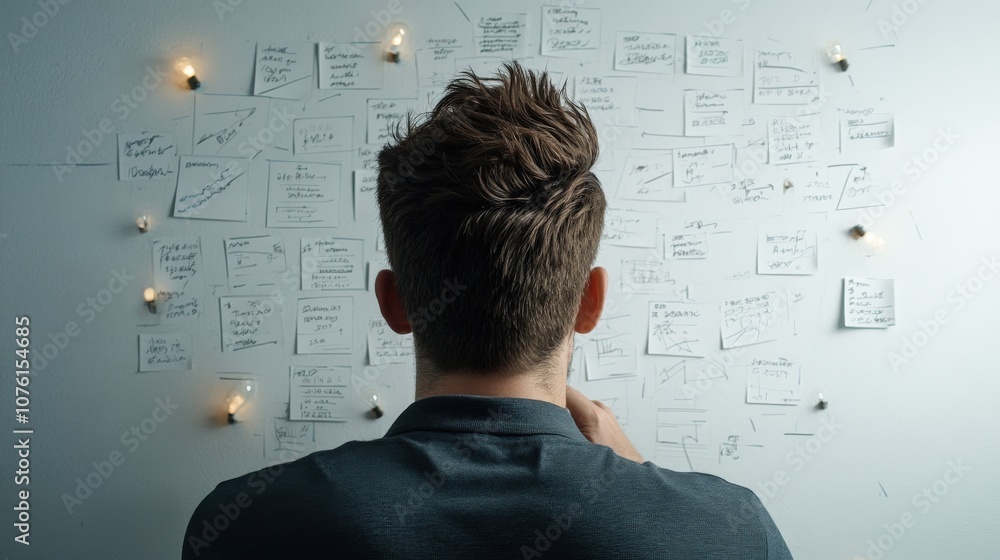 Person Analyzing Information on Wall Full of Notes and Ideas in a Creative Workspace, Representing the Process of Brainstorming and Problem Solving Person Analyzing Information on Wall Full of Notes and Ideas in a Creative Workspace, Representing the Process of Brainstorming and Problem Solving