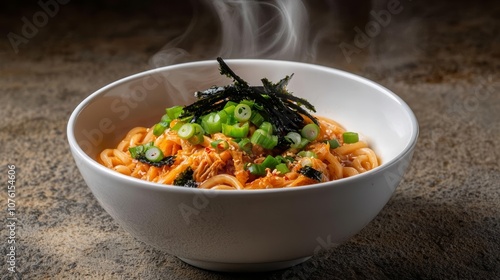 A steaming bowl of spicy kimchi udon, topped with fresh green onions and seaweed, set on a textured stone background