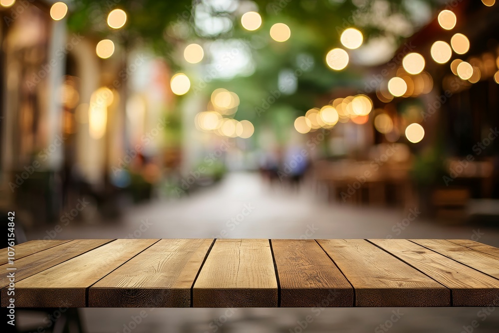 A wooden table top with a blurred background of a street with string lights and people. A wooden table top with a blurred background of a street with string lights and people.