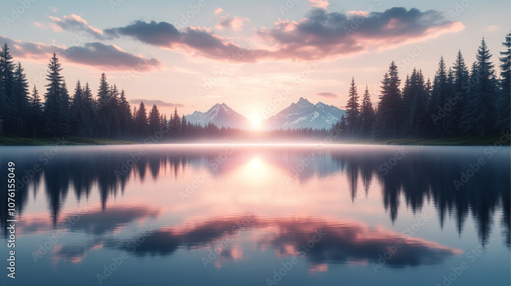 Fototapeta premium A serene nature scene with a calm lake surrounded by dense pine forests, mountains in the distance, soft morning mist, and a pastel sky at sunrise.