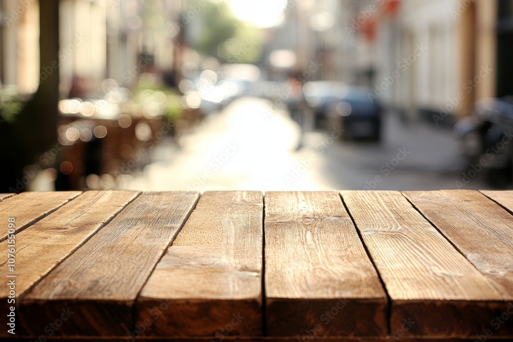 Wooden table top with blurred cityscape background. Wooden table top with blurred cityscape background.