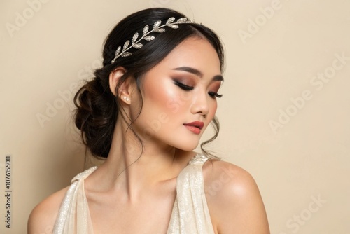 Pretty woman of Asian appearance makeup luxury charm beige background