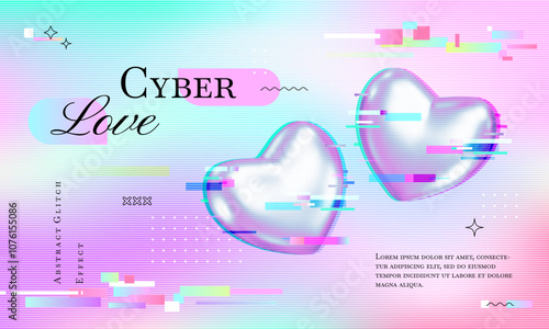 Cyber love banner with glitch art and 3d chrome hearts, brutalist graphics. Gradient neon background, ribbed glass effect. Vector futuristic illustration. Valentine's day y3k techno design.