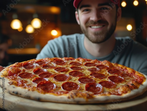 Man holding pepperoni pizza