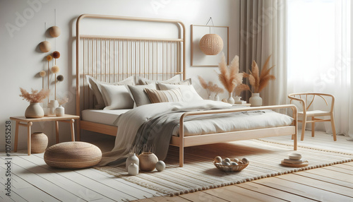 6 Present a chic Scandinavian-style bed frame with clean lines and neutral tones, set against a whit4 (2) photo