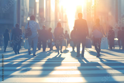 Silhouette of crowd people pedestrian on sun crosswalk, blurred with shopping bags. Motion blur of group people crossing city street. Business people. Shopping bag with new item, gift, present