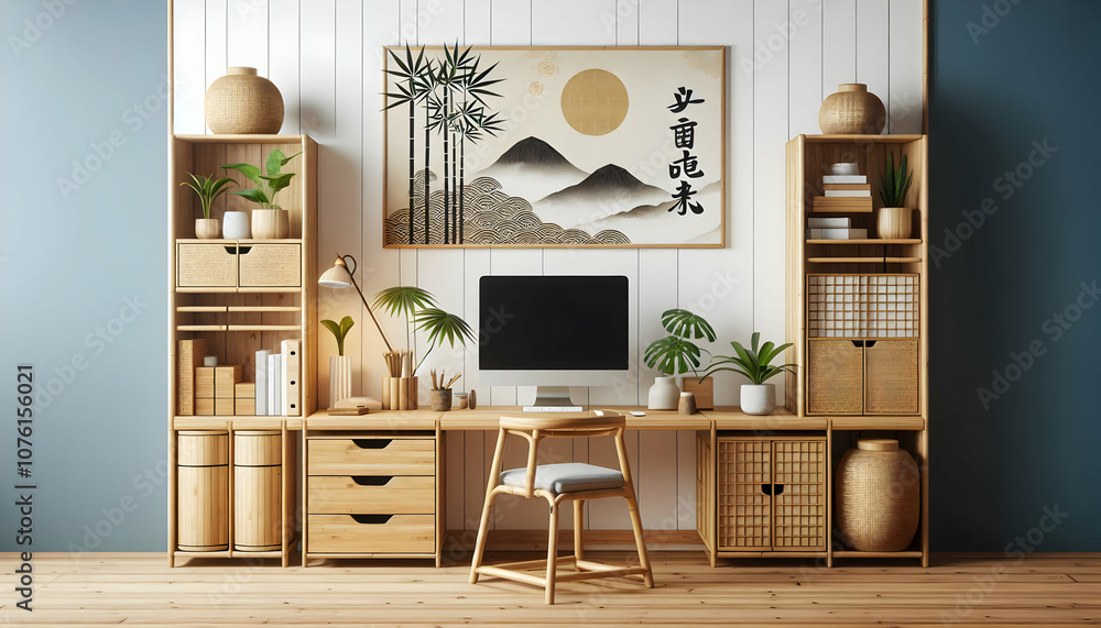 Obraz premium 2 Capture a Japandi-inspired desk setup with a bamboo desk and matching storage units set against a 1