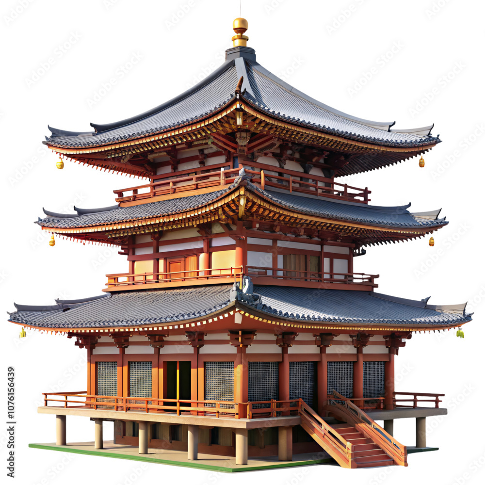 Fototapeta premium A traditional Japanese pagoda with intricate wooden details, tiered rooftops, and red accents, exemplifying classic Eastern architecture, set against a transparent background