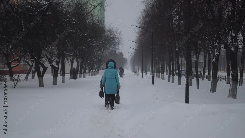 Women walk along the sidewalk in the city during snowfall in winter, rear view. Slow motion Women walk along the sidewalk in the city during snowfall in winter, rear view. Slow motion