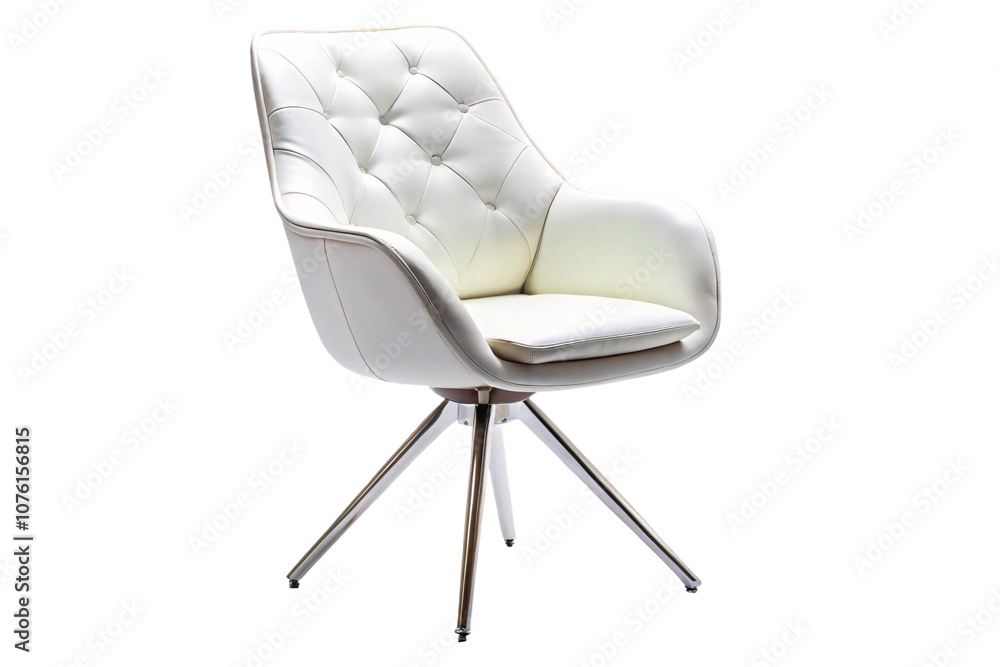 A modern white chair featuring a quilted design and sleek metallic legs, combining luxury and contemporary style in its structure, set against a transparent background A modern white chair featuring a quilted design and sleek metallic legs, combining luxury and contemporary style in its structure, set against a transparent background