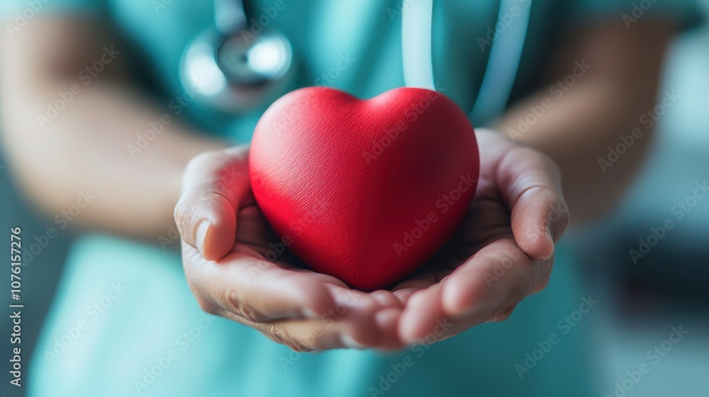 Healthcare professional displays compassion by holding a red heart model in their hands to represent care and love for patients Healthcare professional displays compassion by holding a red heart model in their hands to represent care and love for patients