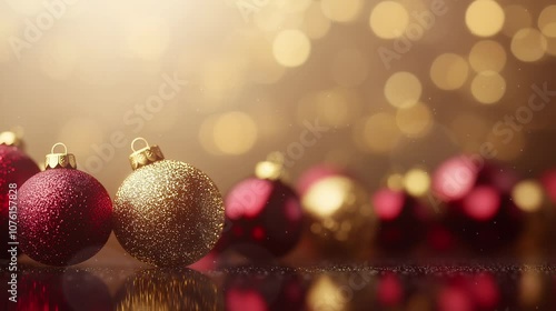 Glistening ornaments in festive colors create a cozy winter ambiance, inviting joy and warmth during the holiday season, bokeh
