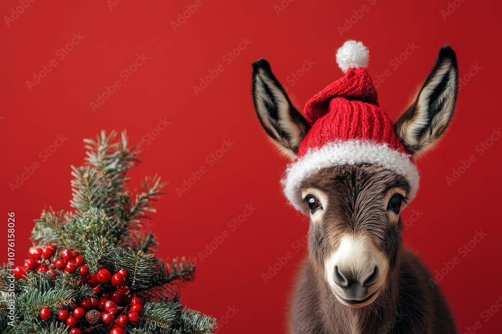 A cute donkey in a red and white Christmas and New Year's hat on a red background with a Christmas tree and fir branches. A Christmas card with a cute animal. Winter wallpapers. Copy space A cute donkey in a red and white Christmas and New Year's hat on a red background with a Christmas tree and fir branches. A Christmas card with a cute animal. Winter wallpapers. Copy space